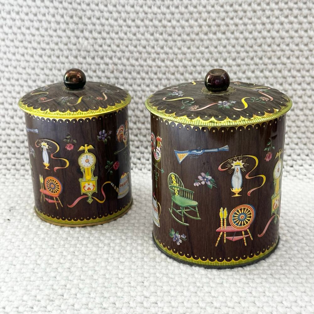 Daher Brown Woodgrain Painted Set of 2 Metal Cannisters Lidded Americana Country